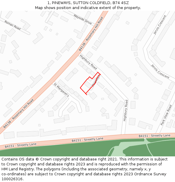 1, PINEWAYS, SUTTON COLDFIELD, B74 4SZ: Location map and indicative extent of plot