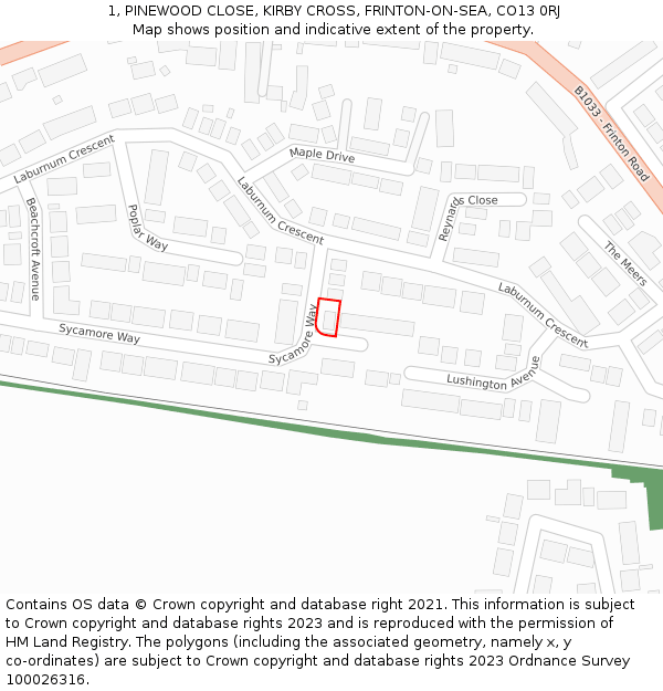 1, PINEWOOD CLOSE, KIRBY CROSS, FRINTON-ON-SEA, CO13 0RJ: Location map and indicative extent of plot