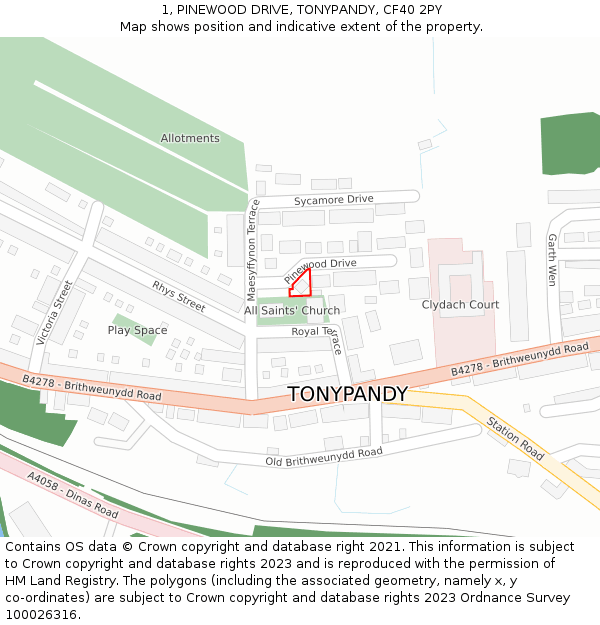1, PINEWOOD DRIVE, TONYPANDY, CF40 2PY: Location map and indicative extent of plot