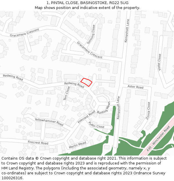 1, PINTAIL CLOSE, BASINGSTOKE, RG22 5UG: Location map and indicative extent of plot