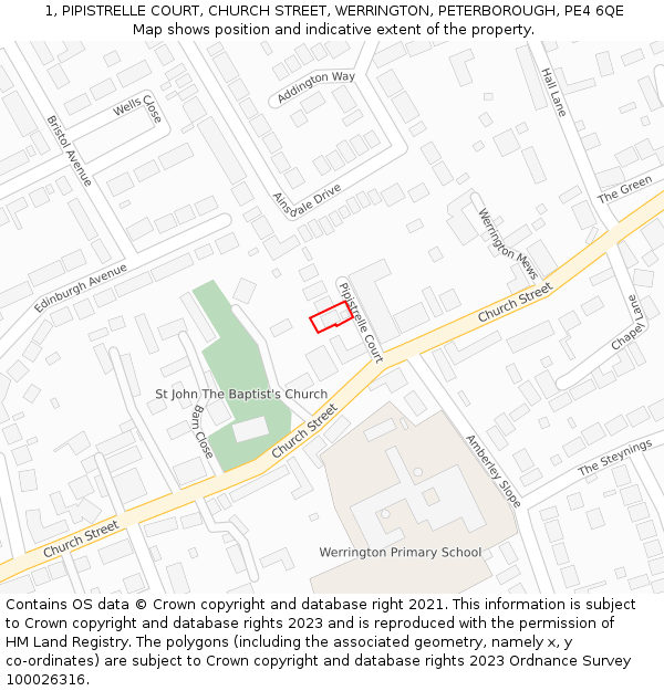 1, PIPISTRELLE COURT, CHURCH STREET, WERRINGTON, PETERBOROUGH, PE4 6QE: Location map and indicative extent of plot
