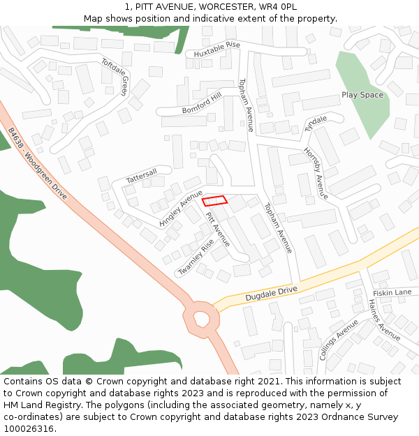 1, PITT AVENUE, WORCESTER, WR4 0PL: Location map and indicative extent of plot