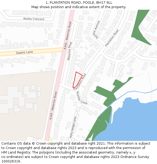 1, PLANTATION ROAD, POOLE, BH17 9LL: Location map and indicative extent of plot