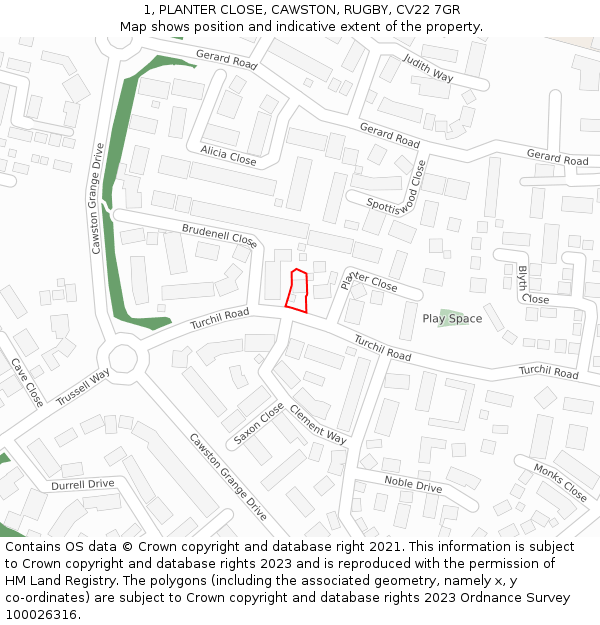 1, PLANTER CLOSE, CAWSTON, RUGBY, CV22 7GR: Location map and indicative extent of plot