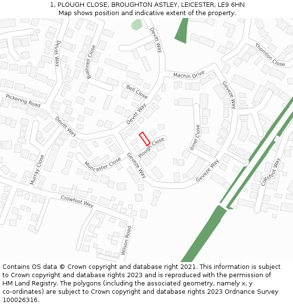 1, PLOUGH CLOSE, BROUGHTON ASTLEY, LEICESTER, LE9 6HN: Location map and indicative extent of plot