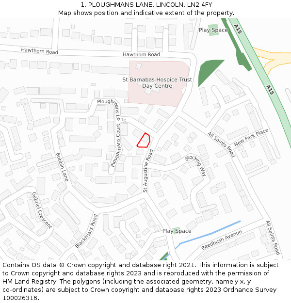 1, PLOUGHMANS LANE, LINCOLN, LN2 4FY: Location map and indicative extent of plot