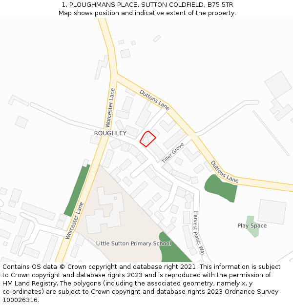 1, PLOUGHMANS PLACE, SUTTON COLDFIELD, B75 5TR: Location map and indicative extent of plot