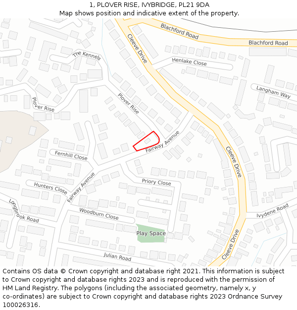 1, PLOVER RISE, IVYBRIDGE, PL21 9DA: Location map and indicative extent of plot