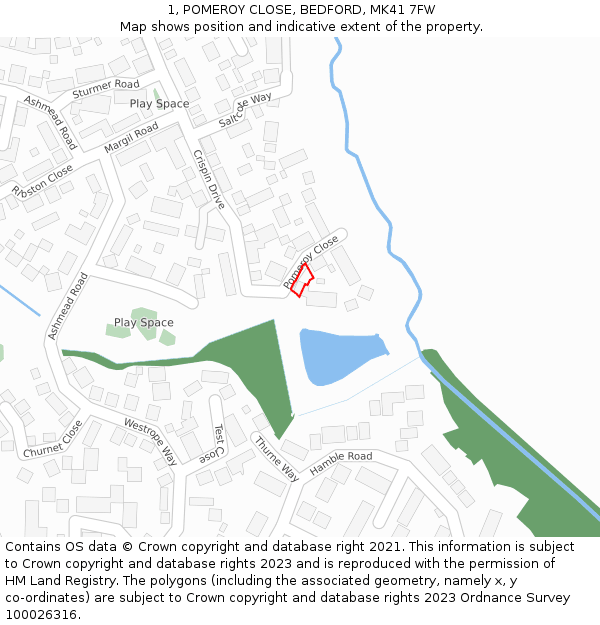 1, POMEROY CLOSE, BEDFORD, MK41 7FW: Location map and indicative extent of plot