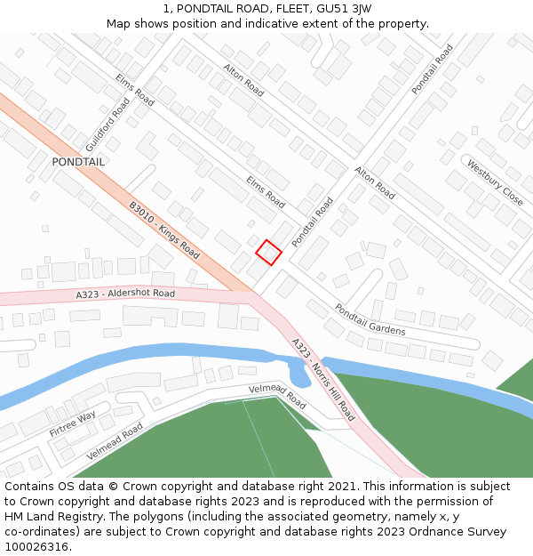 1, PONDTAIL ROAD, FLEET, GU51 3JW: Location map and indicative extent of plot
