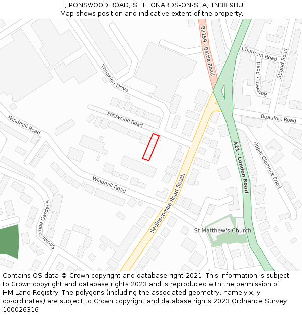 1, PONSWOOD ROAD, ST LEONARDS-ON-SEA, TN38 9BU: Location map and indicative extent of plot