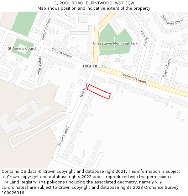 1, POOL ROAD, BURNTWOOD, WS7 3QW: Location map and indicative extent of plot