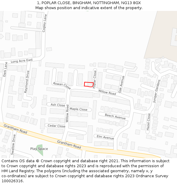 1, POPLAR CLOSE, BINGHAM, NOTTINGHAM, NG13 8GX: Location map and indicative extent of plot