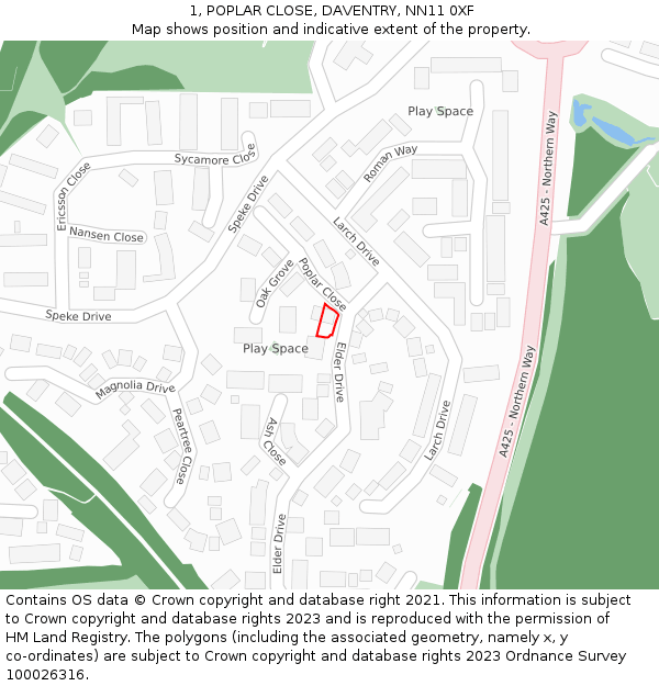 1, POPLAR CLOSE, DAVENTRY, NN11 0XF: Location map and indicative extent of plot