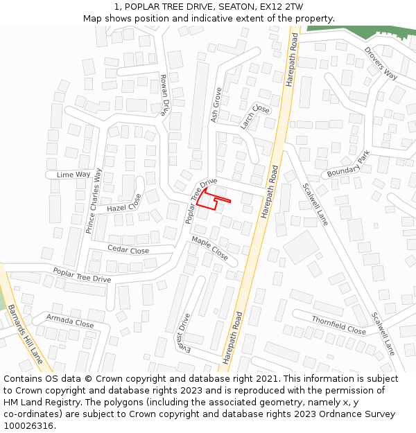 1, POPLAR TREE DRIVE, SEATON, EX12 2TW: Location map and indicative extent of plot