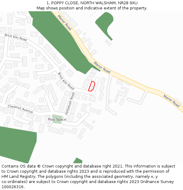 1, POPPY CLOSE, NORTH WALSHAM, NR28 9XU: Location map and indicative extent of plot