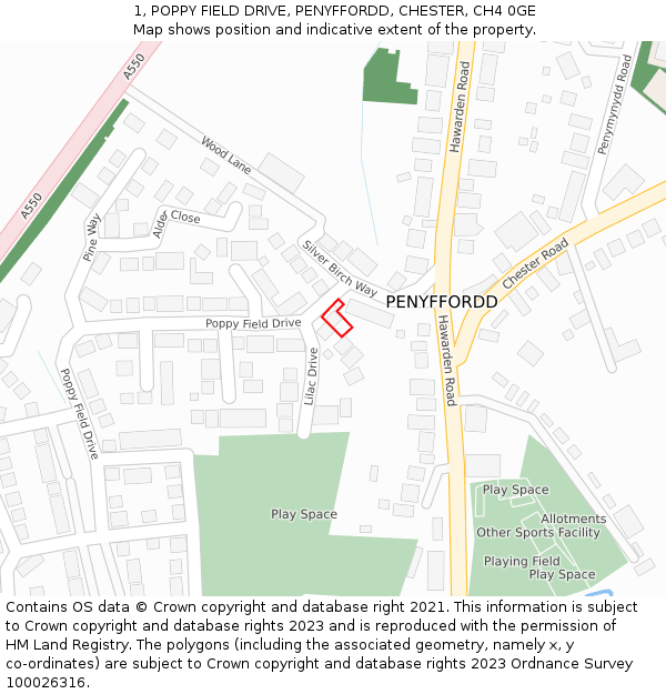 1, POPPY FIELD DRIVE, PENYFFORDD, CHESTER, CH4 0GE: Location map and indicative extent of plot