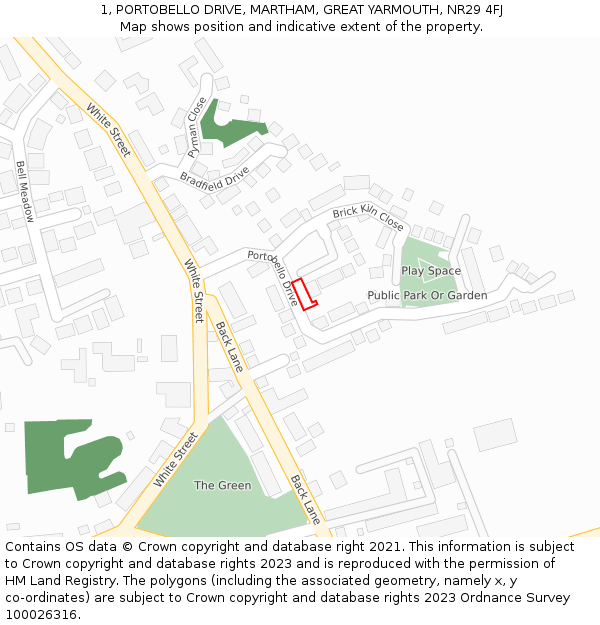 1, PORTOBELLO DRIVE, MARTHAM, GREAT YARMOUTH, NR29 4FJ: Location map and indicative extent of plot