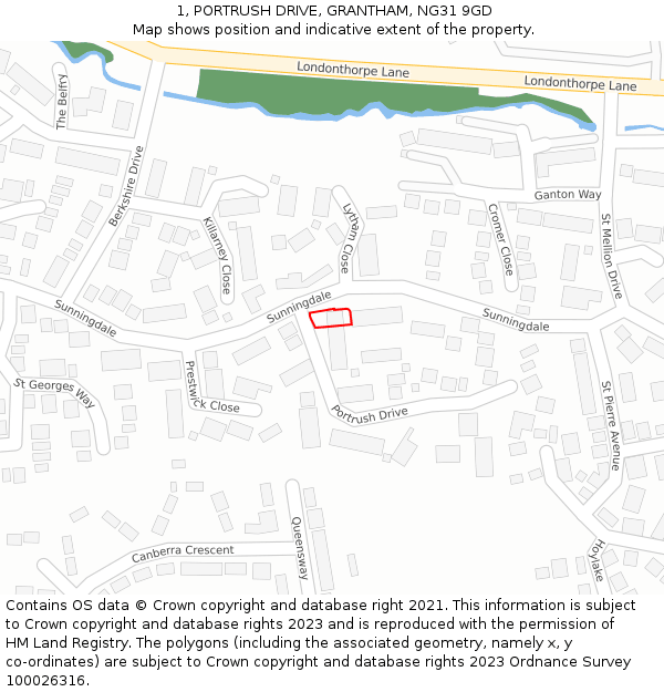 1, PORTRUSH DRIVE, GRANTHAM, NG31 9GD: Location map and indicative extent of plot