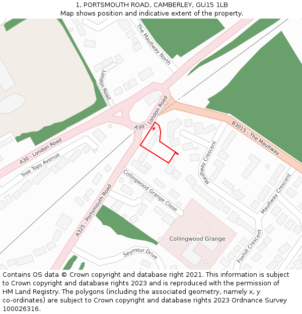 1, PORTSMOUTH ROAD, CAMBERLEY, GU15 1LB: Location map and indicative extent of plot
