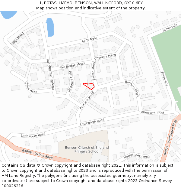 1, POTASH MEAD, BENSON, WALLINGFORD, OX10 6EY: Location map and indicative extent of plot