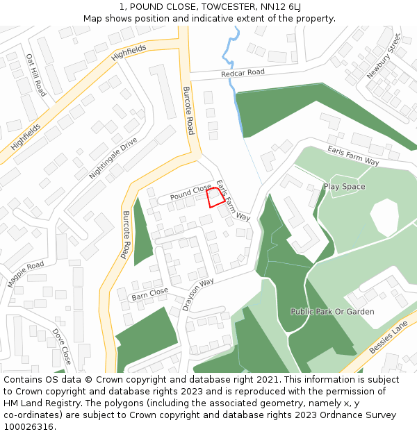 1, POUND CLOSE, TOWCESTER, NN12 6LJ: Location map and indicative extent of plot
