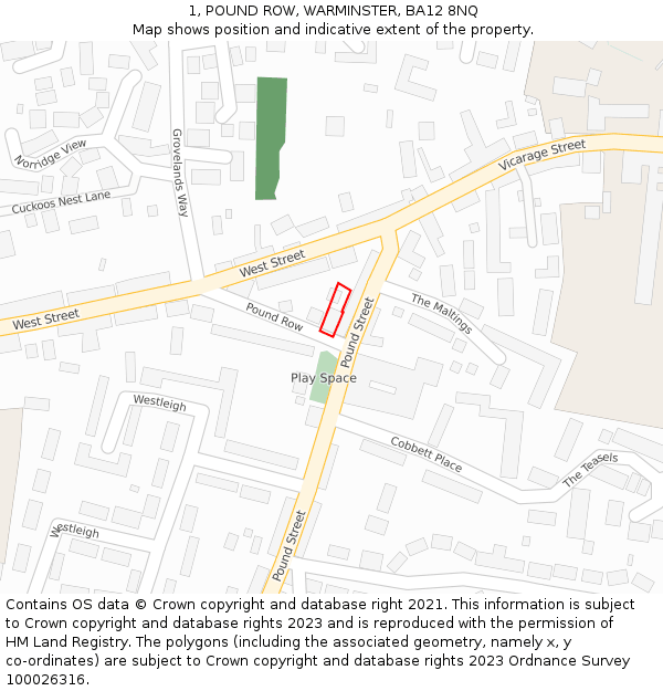 1, POUND ROW, WARMINSTER, BA12 8NQ: Location map and indicative extent of plot