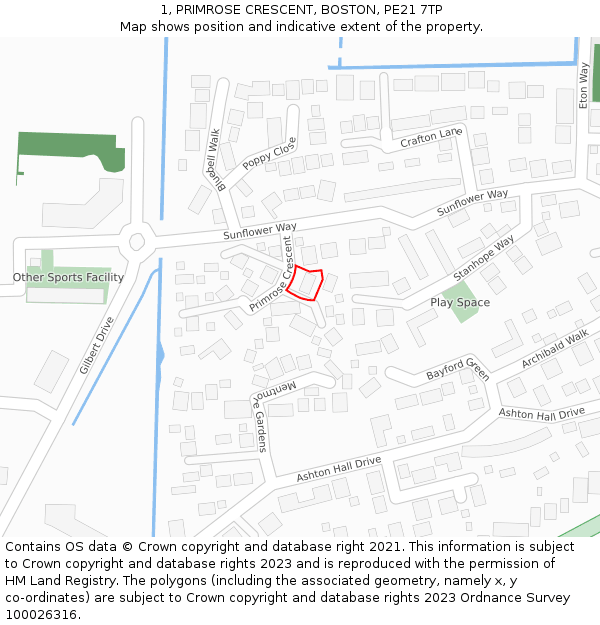 1, PRIMROSE CRESCENT, BOSTON, PE21 7TP: Location map and indicative extent of plot