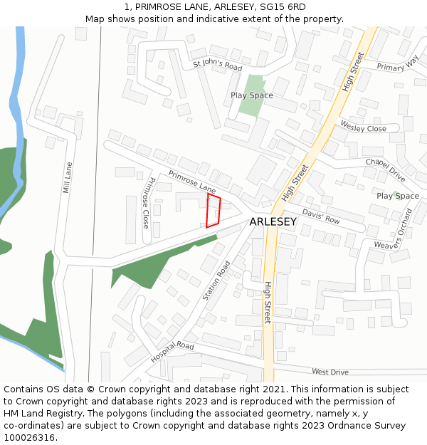 1, PRIMROSE LANE, ARLESEY, SG15 6RD: Location map and indicative extent of plot