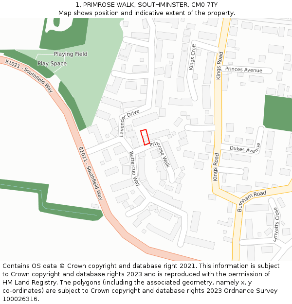 1, PRIMROSE WALK, SOUTHMINSTER, CM0 7TY: Location map and indicative extent of plot