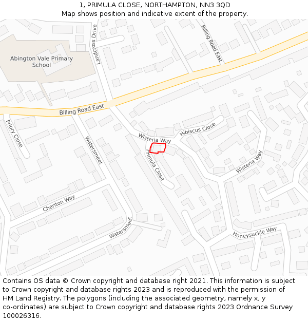 1, PRIMULA CLOSE, NORTHAMPTON, NN3 3QD: Location map and indicative extent of plot