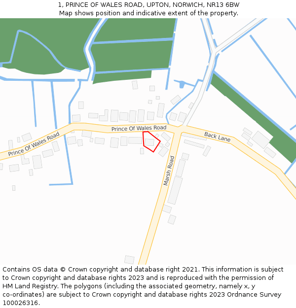 1, PRINCE OF WALES ROAD, UPTON, NORWICH, NR13 6BW: Location map and indicative extent of plot