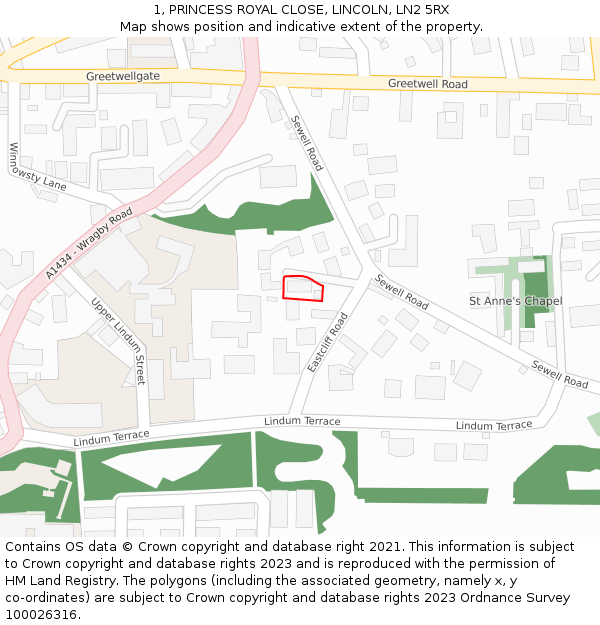 1, PRINCESS ROYAL CLOSE, LINCOLN, LN2 5RX: Location map and indicative extent of plot