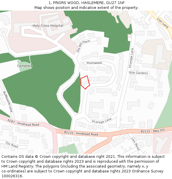 1, PRIORS WOOD, HASLEMERE, GU27 1NF: Location map and indicative extent of plot