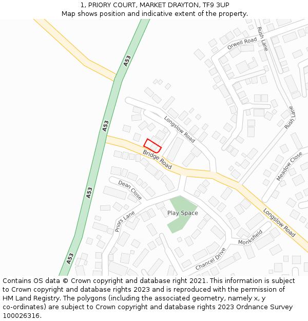 1, PRIORY COURT, MARKET DRAYTON, TF9 3UP: Location map and indicative extent of plot