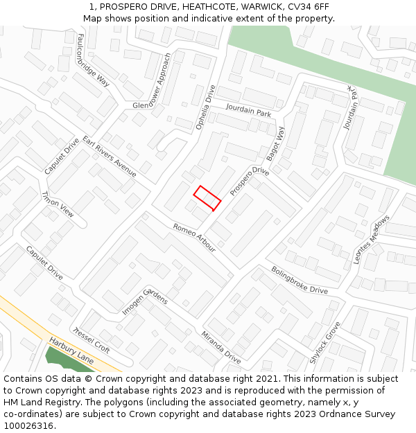 1, PROSPERO DRIVE, HEATHCOTE, WARWICK, CV34 6FF: Location map and indicative extent of plot