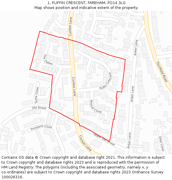 1, PUFFIN CRESCENT, FAREHAM, PO14 3LG: Location map and indicative extent of plot
