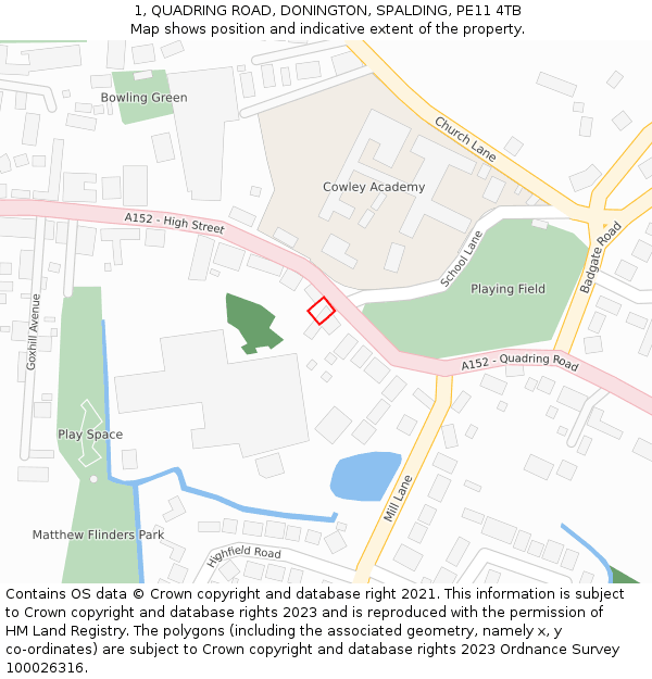 1, QUADRING ROAD, DONINGTON, SPALDING, PE11 4TB: Location map and indicative extent of plot