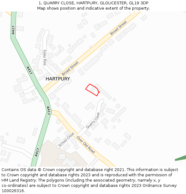 1, QUARRY CLOSE, HARTPURY, GLOUCESTER, GL19 3DP: Location map and indicative extent of plot