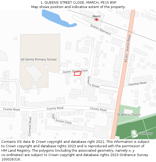 1, QUEENS STREET CLOSE, MARCH, PE15 8SP: Location map and indicative extent of plot