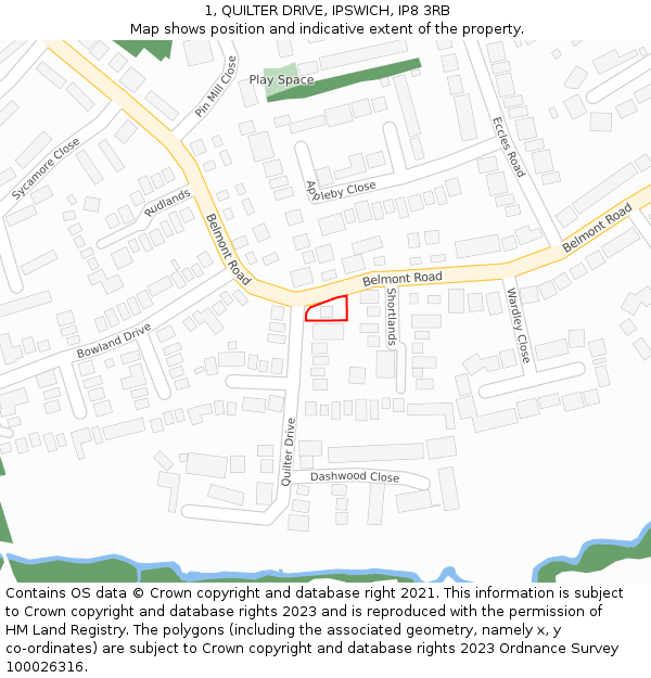 1, QUILTER DRIVE, IPSWICH, IP8 3RB: Location map and indicative extent of plot