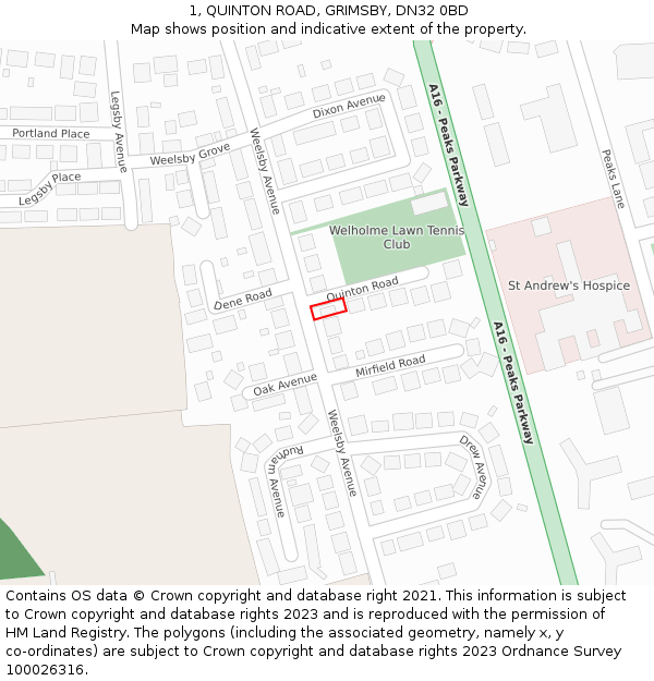 1, QUINTON ROAD, GRIMSBY, DN32 0BD: Location map and indicative extent of plot