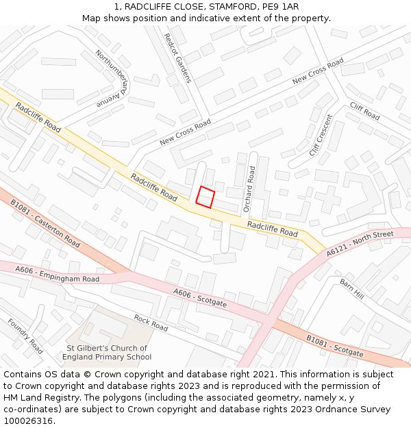 1, RADCLIFFE CLOSE, STAMFORD, PE9 1AR: Location map and indicative extent of plot
