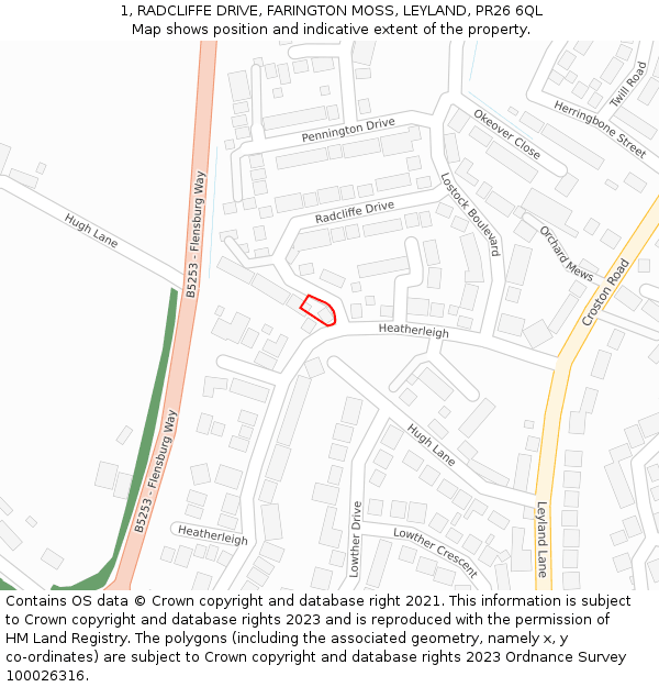 1, RADCLIFFE DRIVE, FARINGTON MOSS, LEYLAND, PR26 6QL: Location map and indicative extent of plot