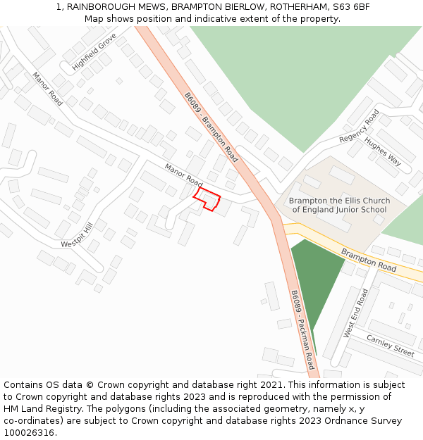 1, RAINBOROUGH MEWS, BRAMPTON BIERLOW, ROTHERHAM, S63 6BF: Location map and indicative extent of plot