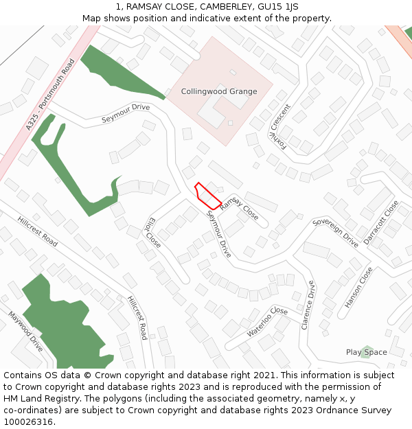 1, RAMSAY CLOSE, CAMBERLEY, GU15 1JS: Location map and indicative extent of plot