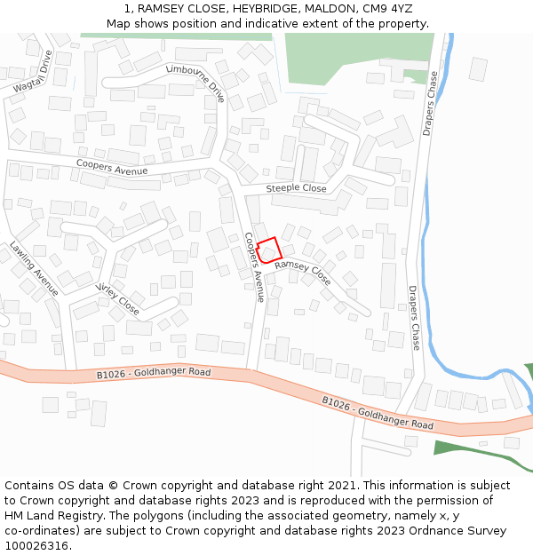 1, RAMSEY CLOSE, HEYBRIDGE, MALDON, CM9 4YZ: Location map and indicative extent of plot