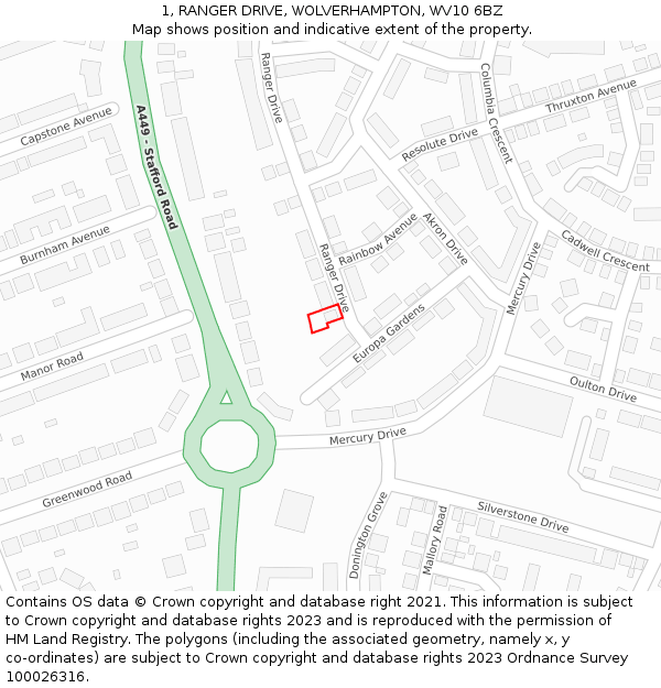 1, RANGER DRIVE, WOLVERHAMPTON, WV10 6BZ: Location map and indicative extent of plot
