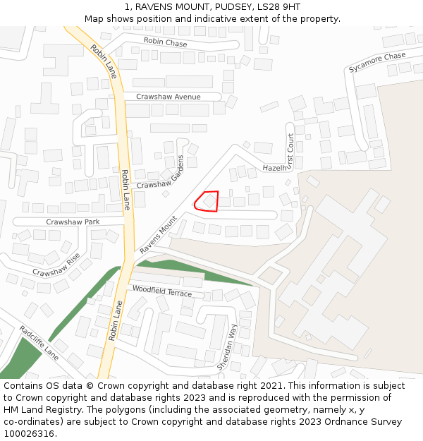 1, RAVENS MOUNT, PUDSEY, LS28 9HT: Location map and indicative extent of plot