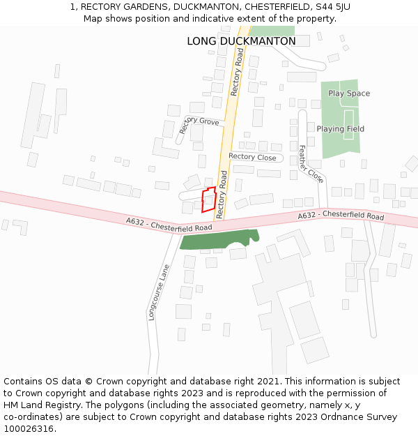 1, RECTORY GARDENS, DUCKMANTON, CHESTERFIELD, S44 5JU: Location map and indicative extent of plot